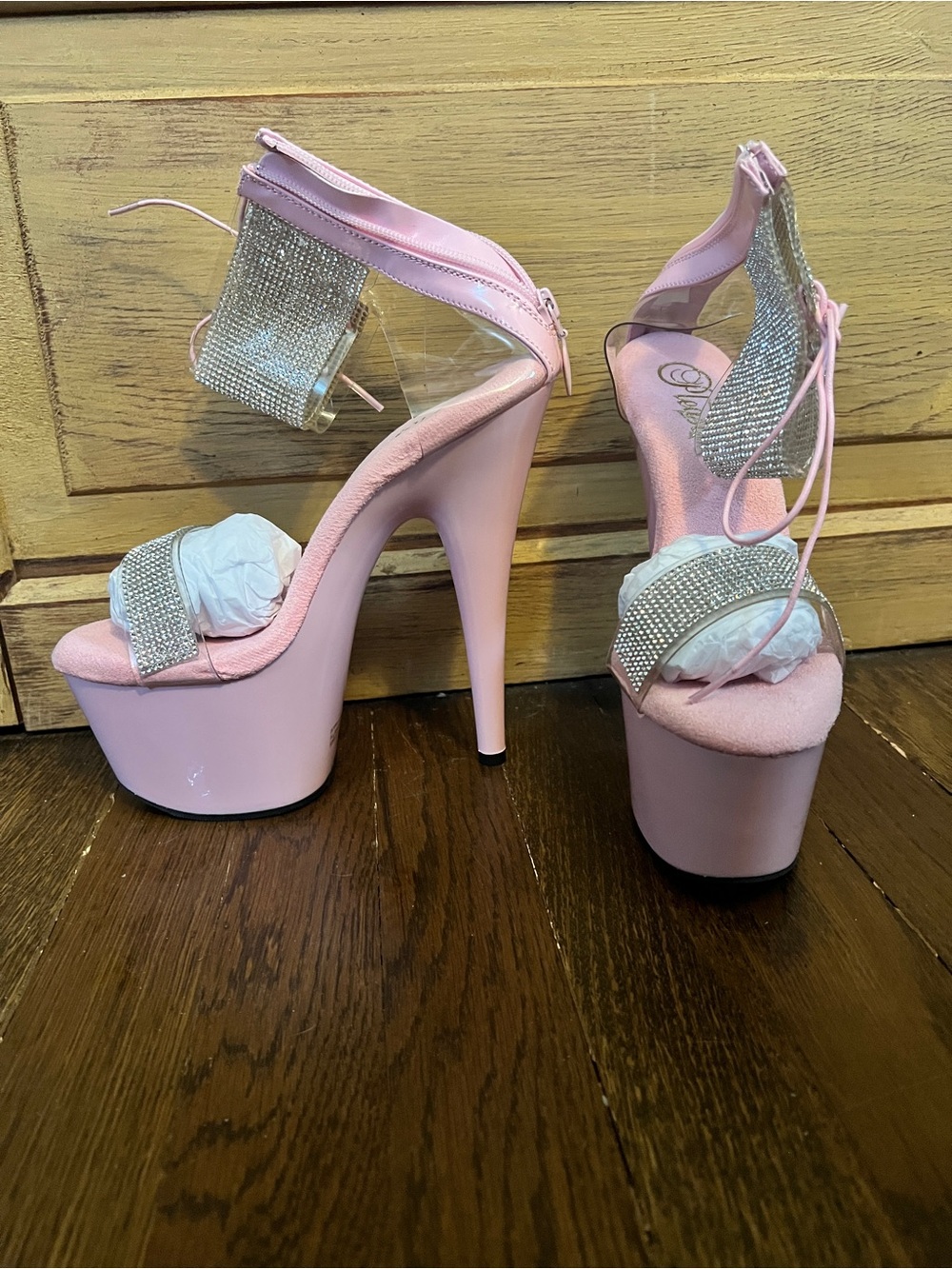 NEW IN BOX- Pleaser Pink Platform Stiletto Heels with Rhinestone Straps